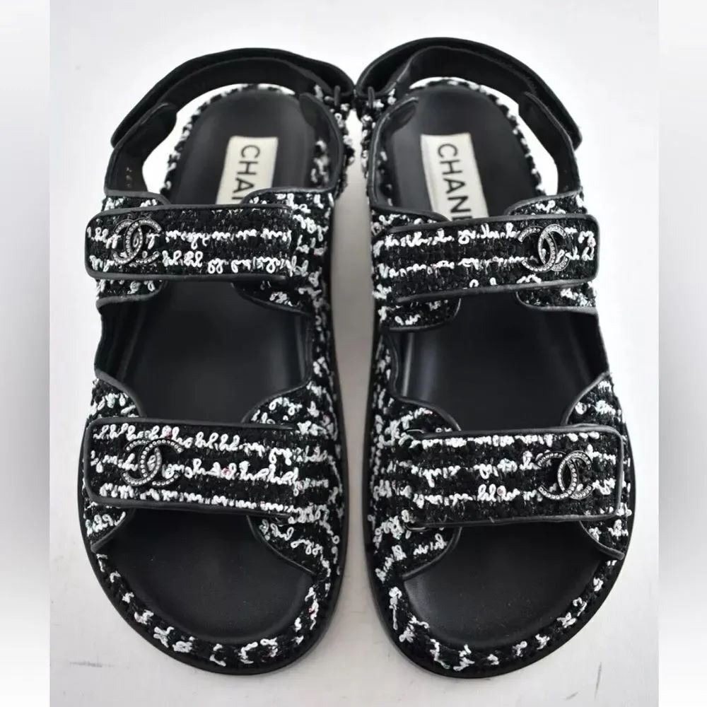 CHANEL CC tweed dad sandals, US 9